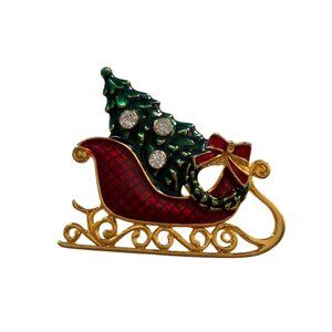 Vintage Eisenberg Ice Christmas Sleigh Brooch Red Green Enamel Rhinestones Gold-